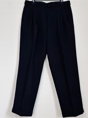 City Streets Mens 36x29.5 Black Worsted Wool Pleated Cuffed Tailored Dress Pants